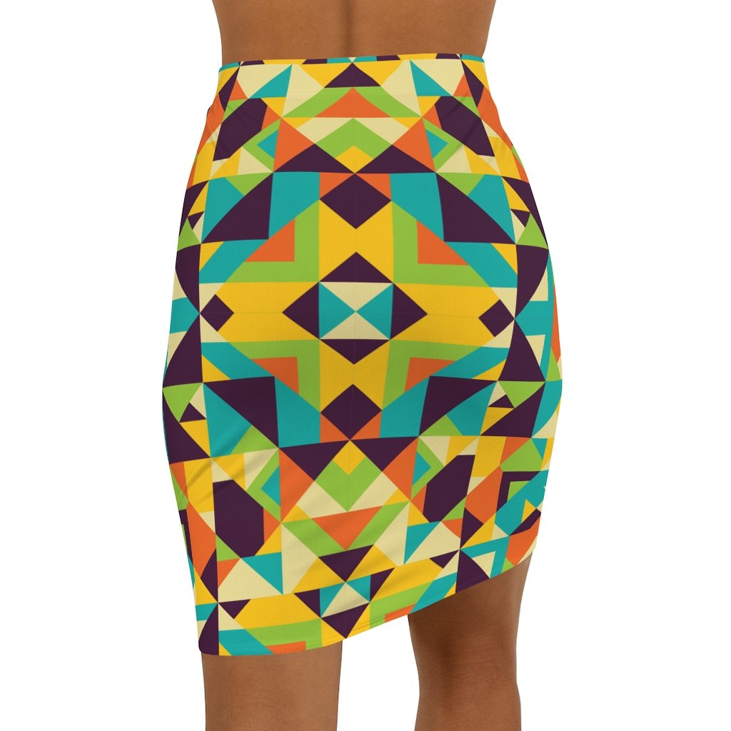 Womens Skirt, Yellow Multicolor Geometric Style Skirt