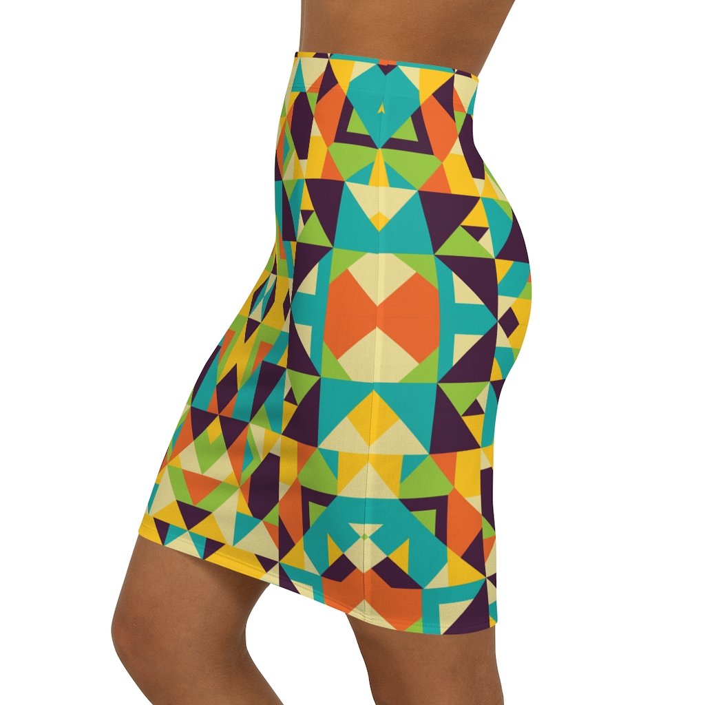 Womens Skirt, Yellow Multicolor Geometric Style Skirt