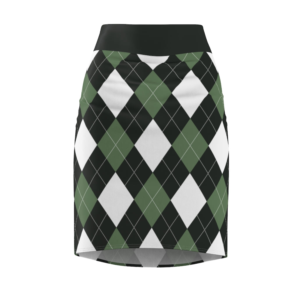 Womens Pencil Skirt, Green and White Argyle Stretch Mini, S510537