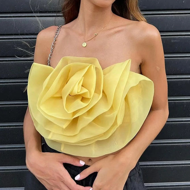 Big Flower Organza Kitted Yellow Crop Top Camis