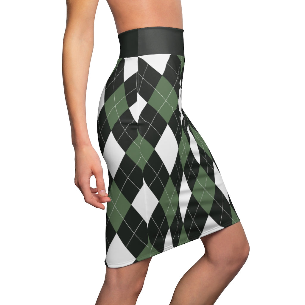 Womens Pencil Skirt, Green and White Argyle Stretch Mini, S510537