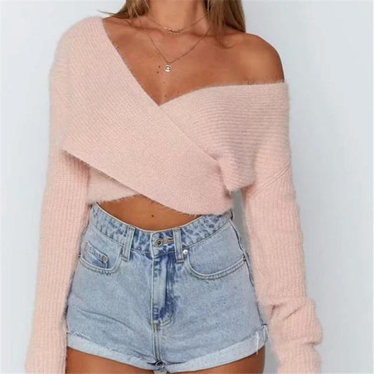 Pink Fluffy Knitted Sweater V-neck Wrap Front Cropped Pullovers