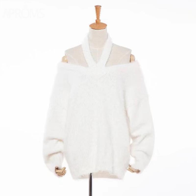 Elegant Off Shoulder Mohair Knitted Pullover