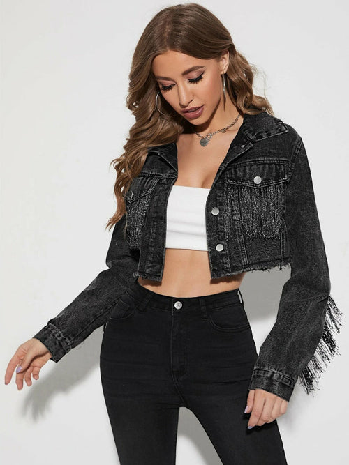 Cowboy Jacket Tassel Stitching Sexy Ripped Denim Coat