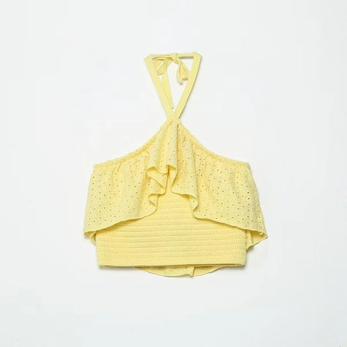 Embriodery Women Yellow Lace Halter Sexy Top Cotton Camis