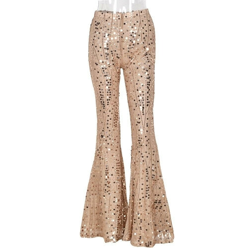 Sequin Flared Stretch Pants Women Gold High Waist Double Layer Long