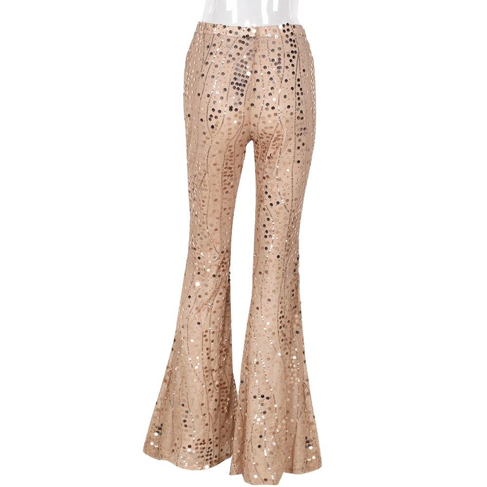 Sequin Flared Stretch Pants Women Gold High Waist Double Layer Long