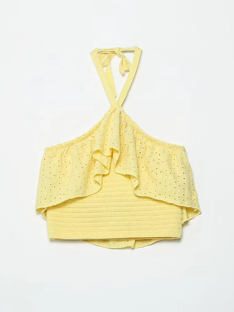 Embriodery Women Yellow Lace Halter Sexy Top Cotton Camis