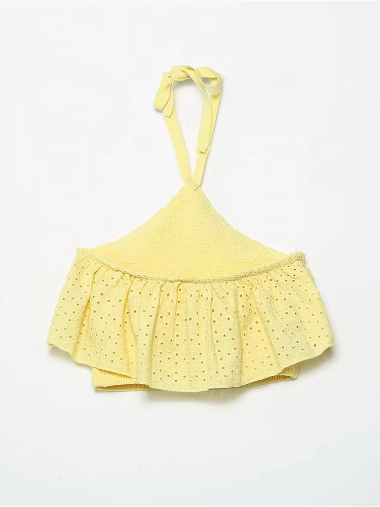 Embriodery Women Yellow Lace Halter Sexy Top Cotton Camis