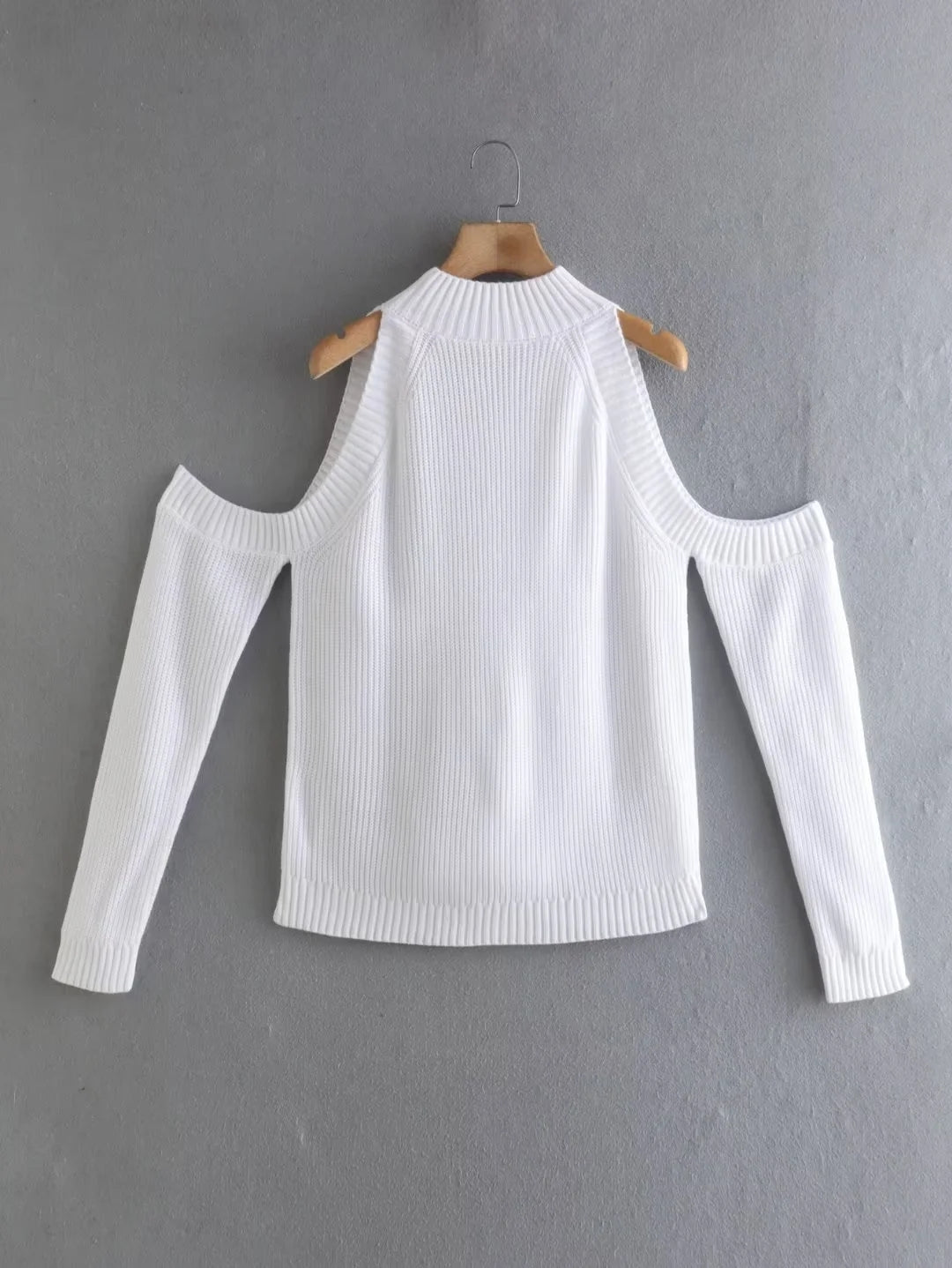 Sexy Cold Shoulder White Turtleneck Knitted Long Sleeve Pullover