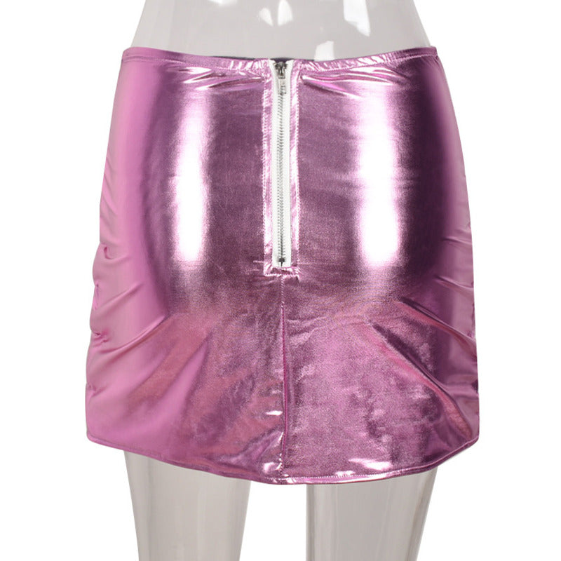 Pink Women's Puffer Skirt Metallic Shiny Warm Quilted Mini A-line