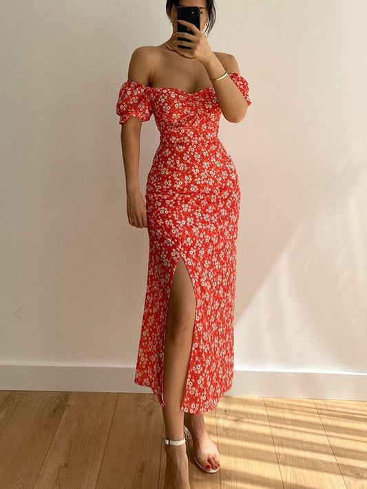 Floral Print Off Shoulder Slit Party Dress