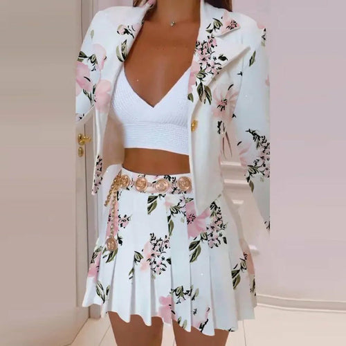 Women Pleated Mini Skirts Suit One Button Long Sleeve Blazer Tops