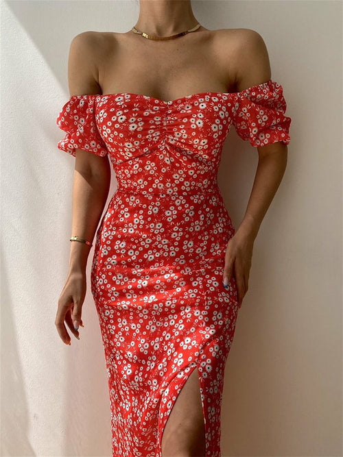 Floral Print Off Shoulder Slit Party Dress