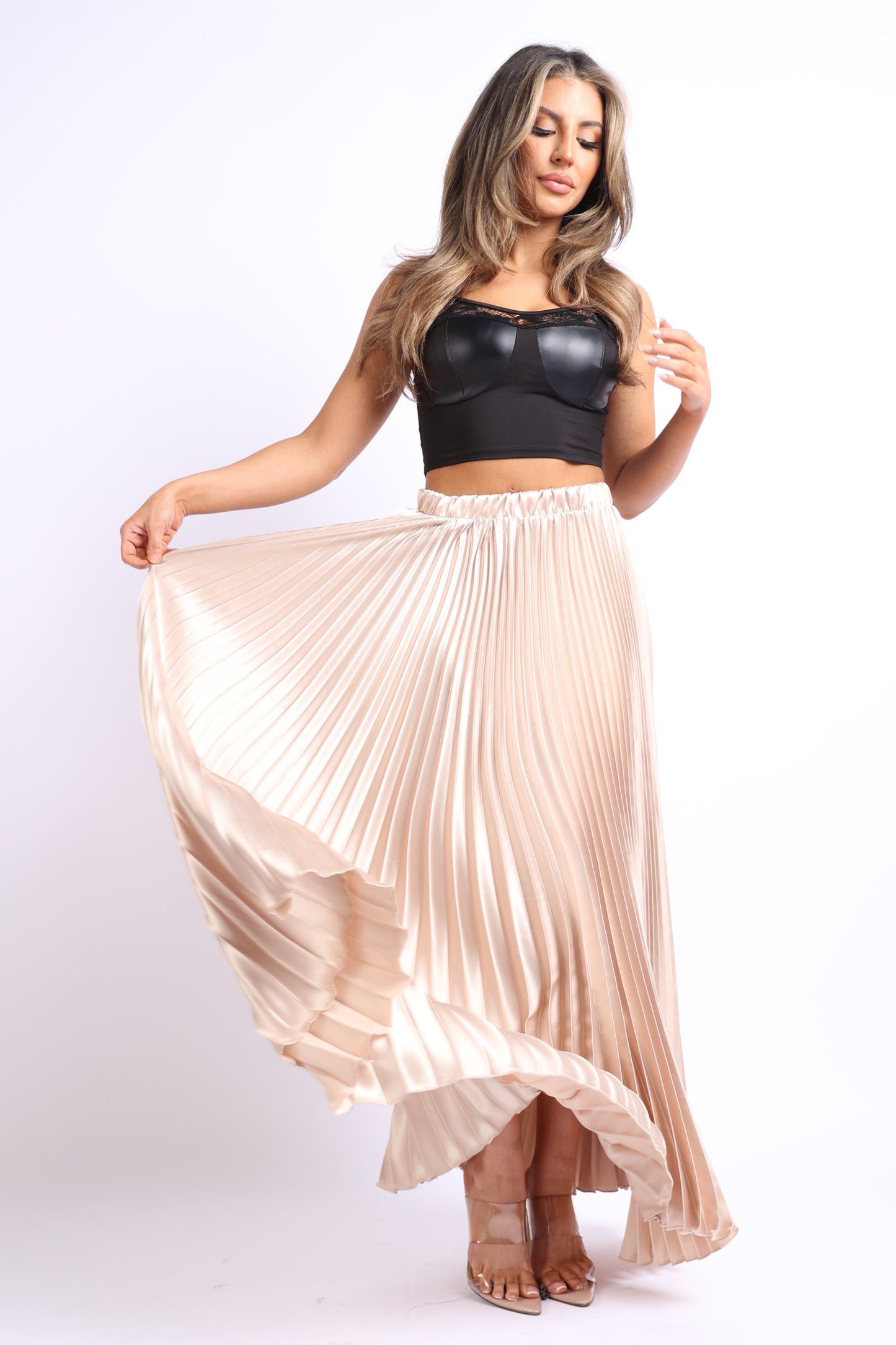 Elastic High Waist A-Line Pleated Satin Maxi Skirt Formal Prom TAUPE