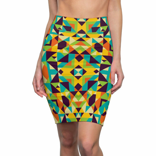 Womens Skirt, Yellow Multicolor Geometric Style Skirt